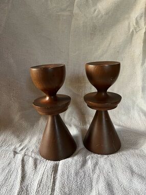 Brown Wood Sculptural Candle Holders -6” 50 years old made in Puerto Rico